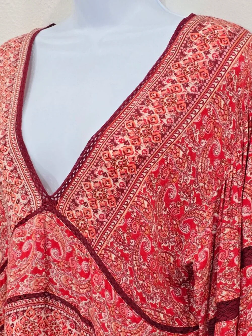 Free People ✦ Paisley Babydoll Tunic Dress ✦ Red Orange Oversized Boho Festival - Picture 11 of 13